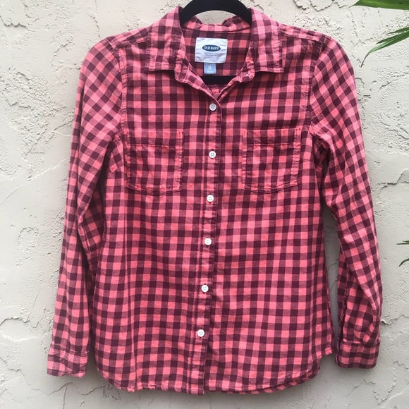 Old Navy Tops - Old Navy Coral Plaid Flannel Shirt